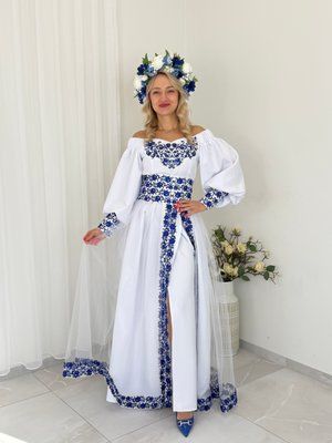 Сукня Афіна біла синя виш. (модель 2 ). 000003790 фото
