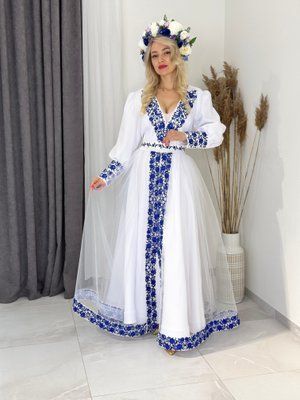 Сукня Афіна біла синя виш.( модель 3.з регіліном ) НФ-00001312 фото