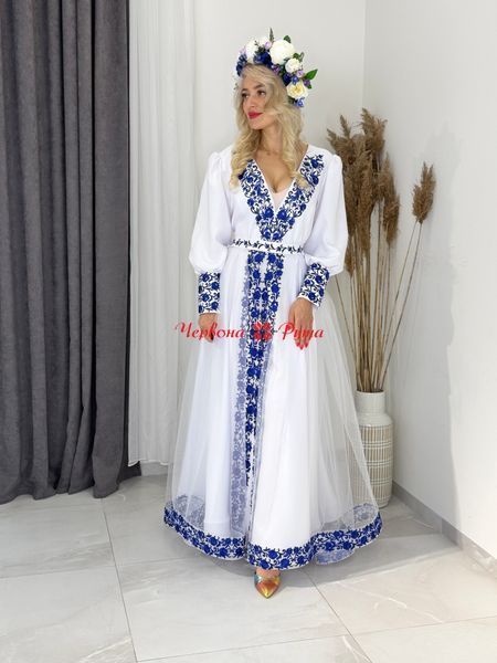 Сукня Афіна біла синя виш.( модель 3.з регіліном ) НФ-00001312 фото