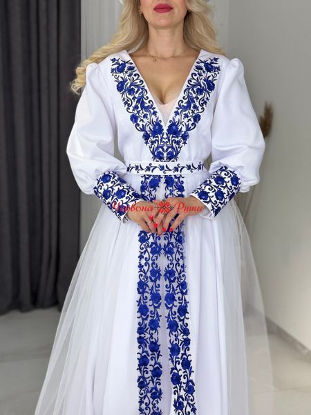 Сукня Афіна біла синя виш.( модель 3.з регіліном ) НФ-00001312 фото