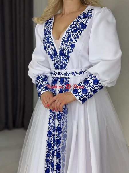 Сукня Афіна біла синя виш.( модель 3.з регіліном ) НФ-00001312 фото