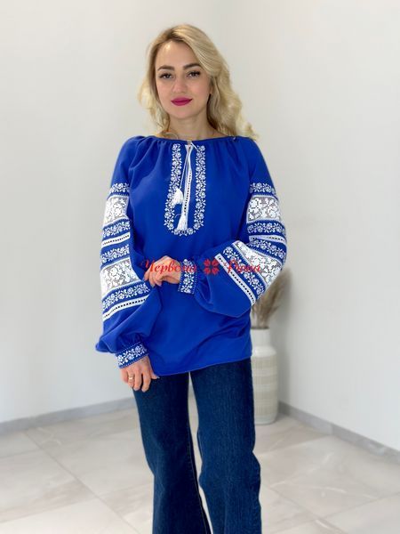 Блуза Філейна синя, біла виш. НФ-00000412 фото