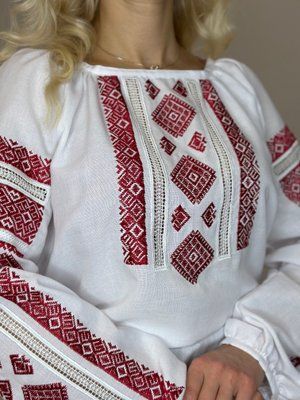 Блуза Низинка біла, червона виш. НФ-00000413 фото