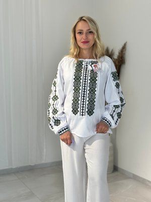 Блуза біла Орнамент 6 зелена виш. 000002330 фото